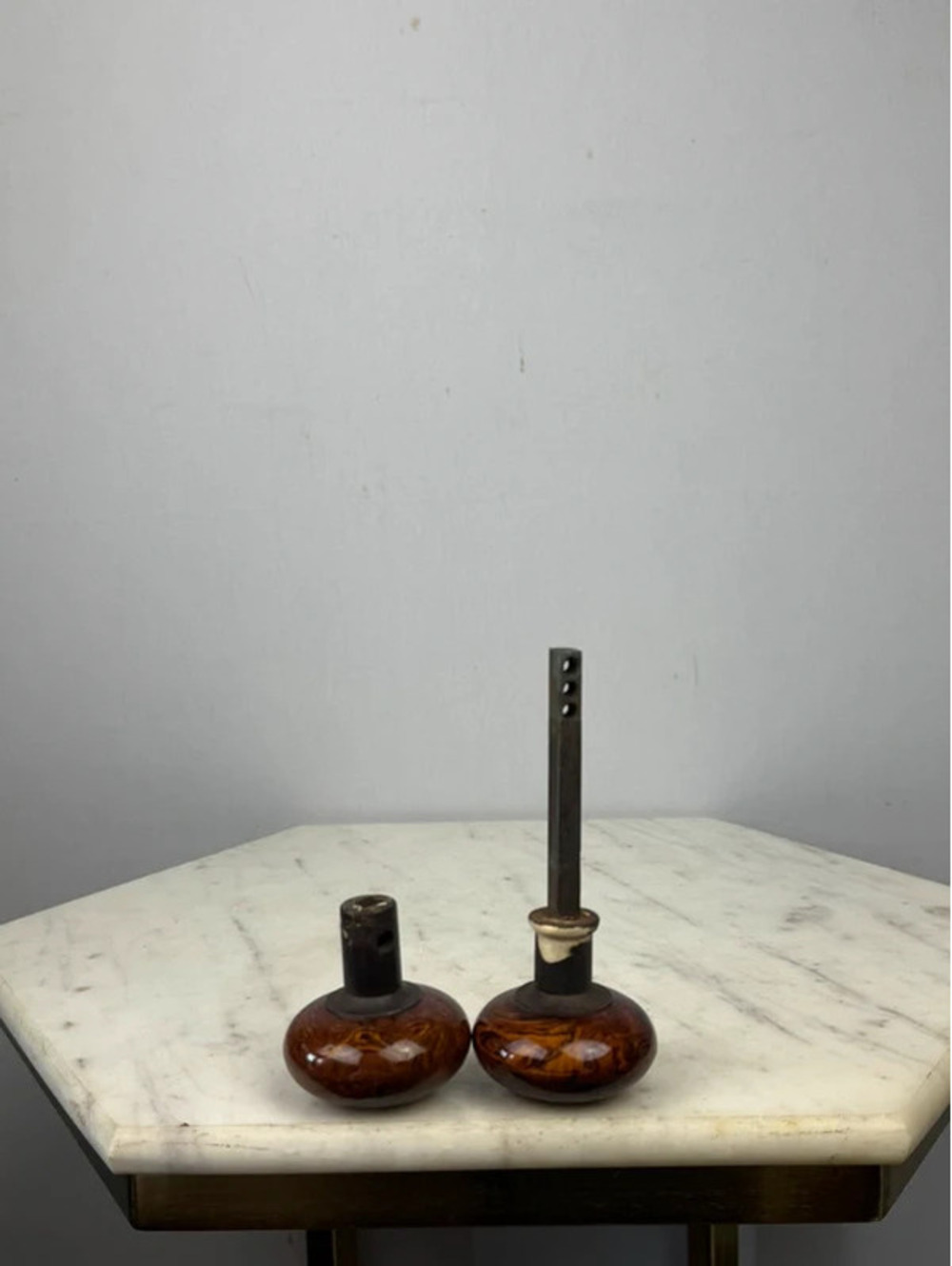 Antique Bennington Style Brown Swirl Porcelain Door Knobs Pair w/ Spindle